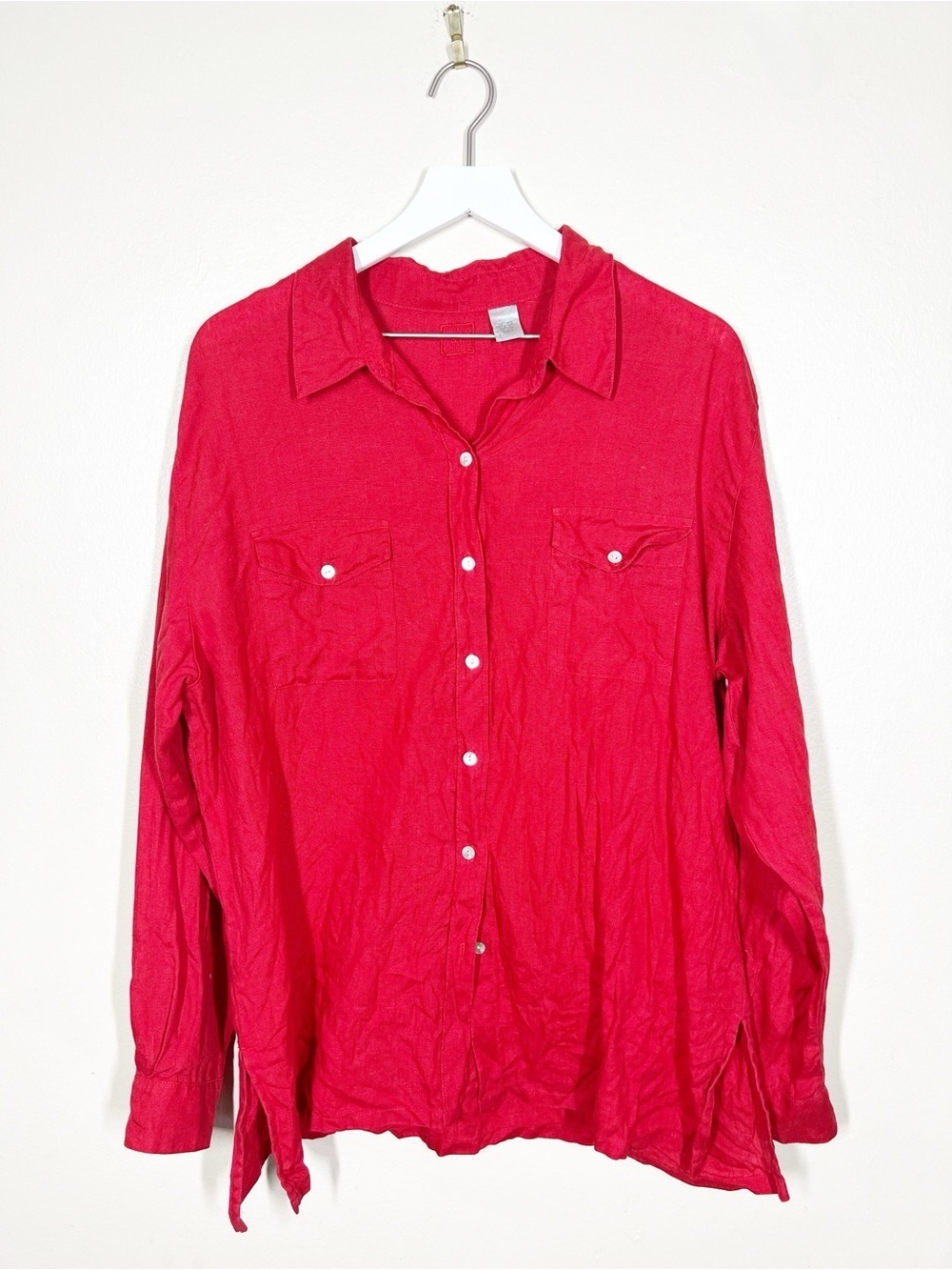 Chico’s Womens Button-Front Long Sleeve Linen Tunic Shirt Vibrant Red Size Large